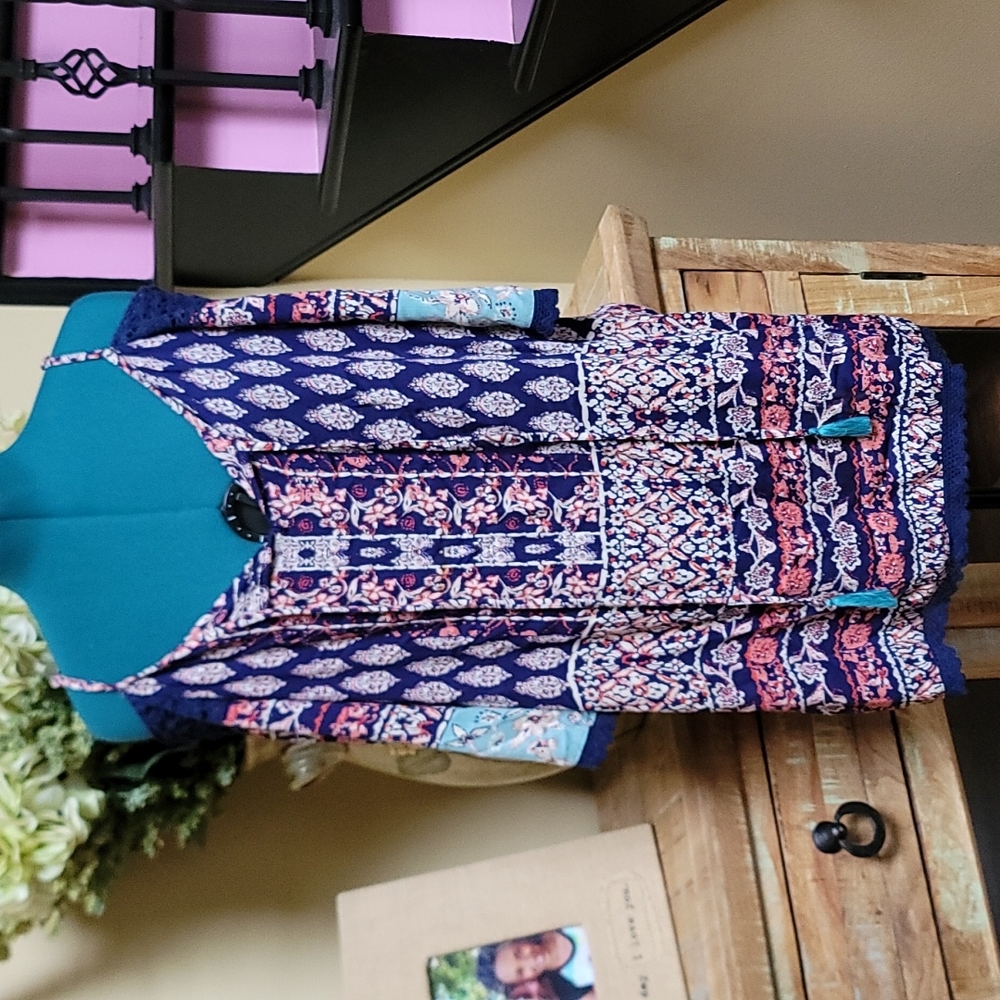 Boho Printed Cold-Shoulder Dress in Navy and Pink